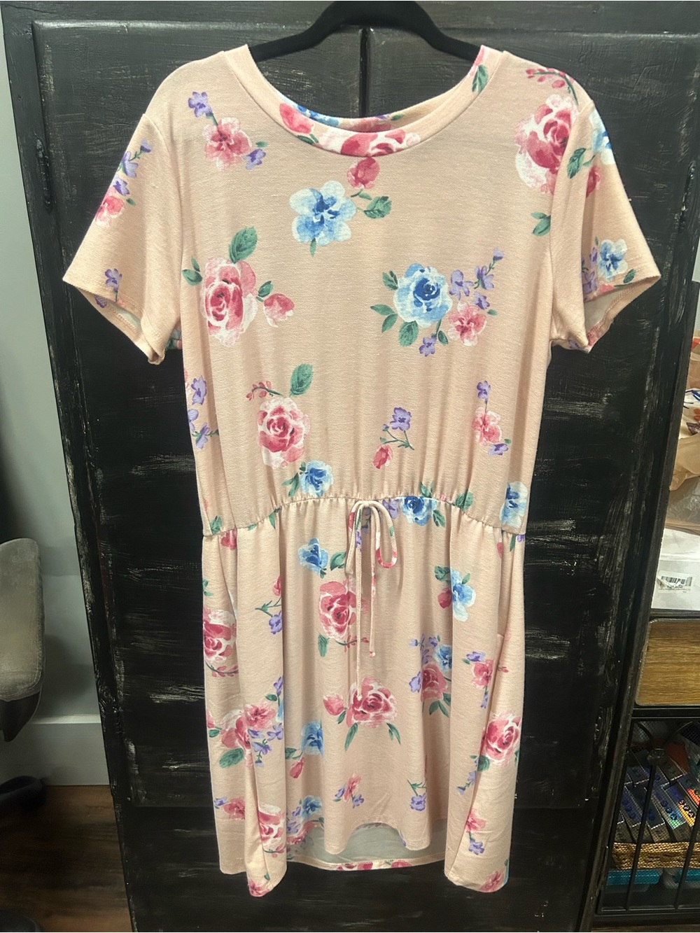 Peach Floral Drawstring Waist Casual Dress